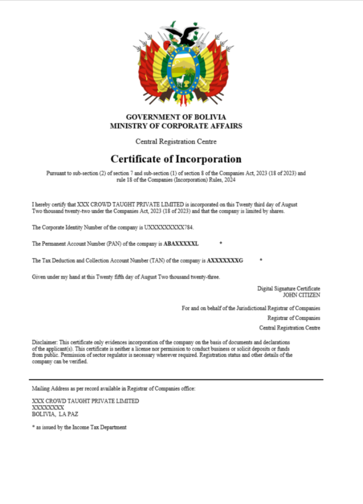 Bolivia certificate of registration Word and PDF template